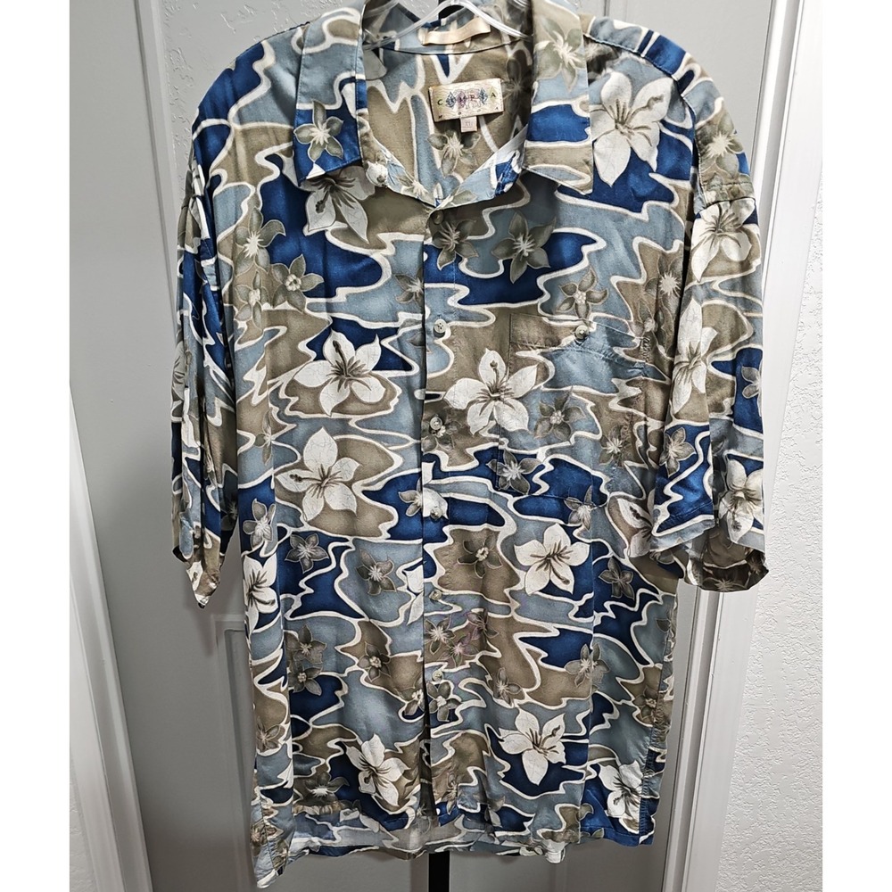 Vintage Campia Moda Hawaiian Shirt Men XL Rayon Abstract Tropical Floral Blue